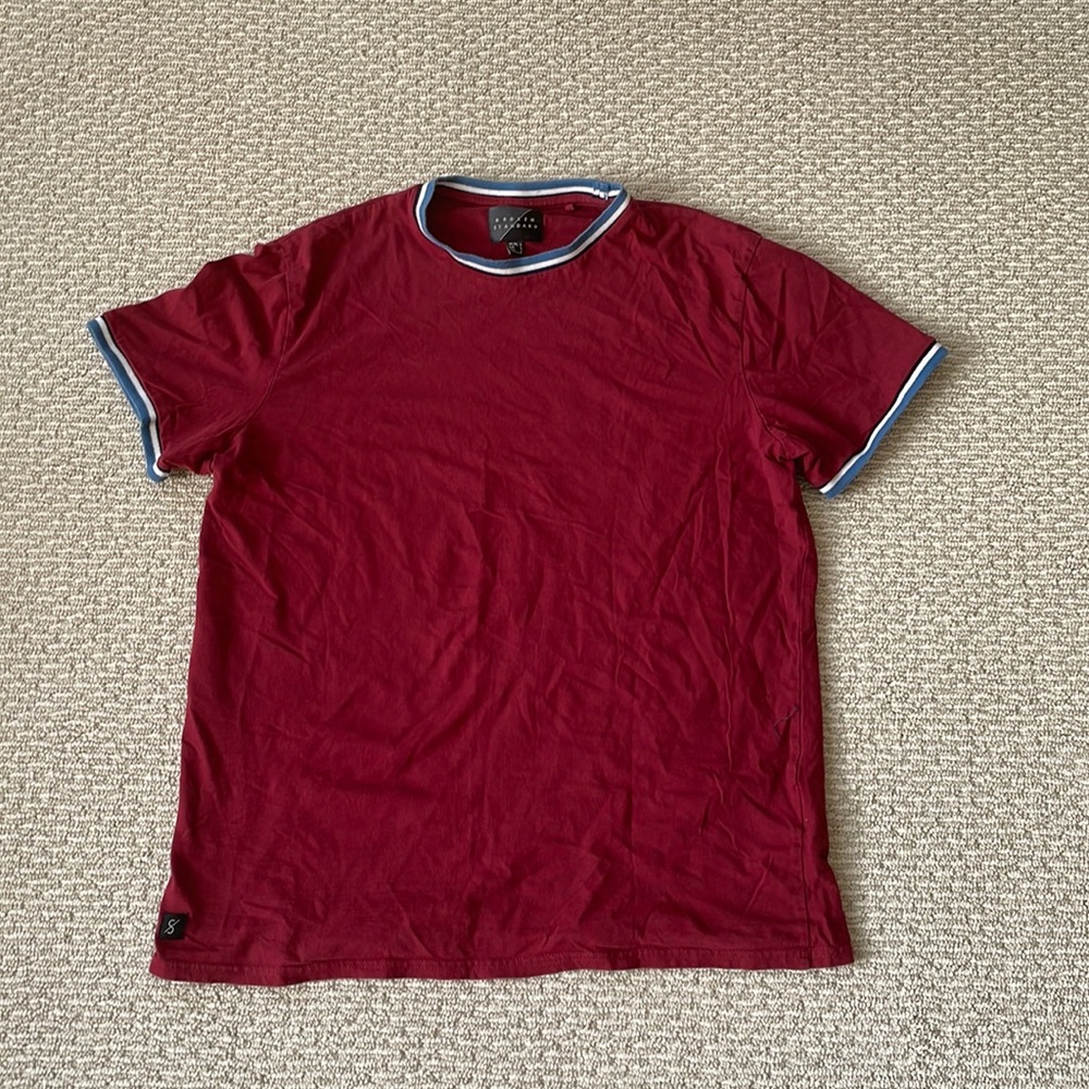 Broken Standard Maroon Tee with Blue, White and Navy Stripe Detailing